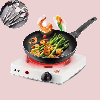 Plaque Chauffante Électrique à 1 foyers + Ustensiles de Cuisines Complets